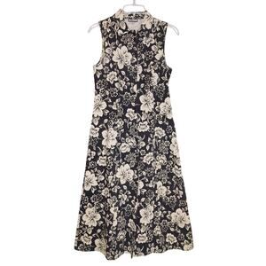 Believe A Line Midi Dress Collared Black Cream Floral Sleeveless Womens Size 10